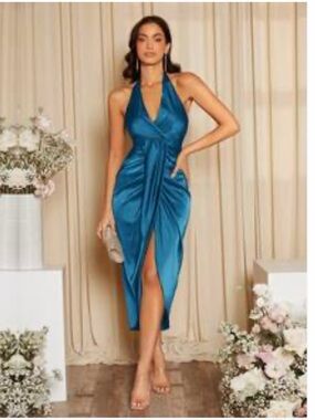 SHEIN Teal Halter Wrap Midi Dress